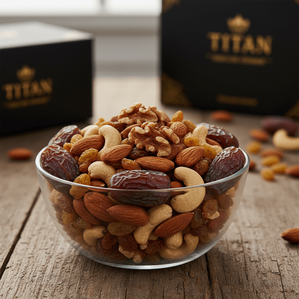Clear bowl of TITAN Organic Trail Mix with dates, cashews, almonds, walnuts, and raisins on a wooden table.