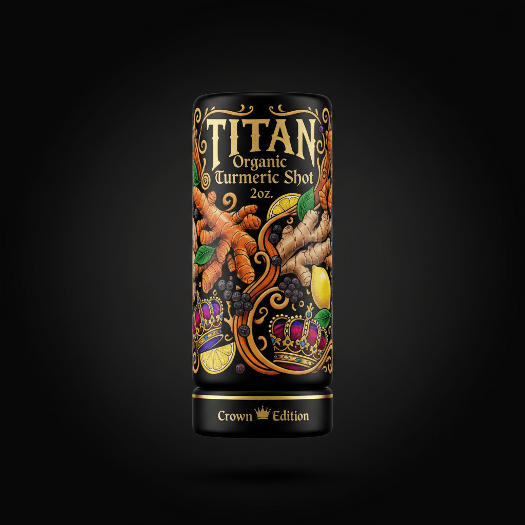 TITAN Organic Turmeric Shot 2oz bottle with ornate gold, fruit, and crown graphics on a matte black background.