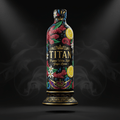 TITAN Organic Water Kefir, Ginger Lemon. Black bottle with gold text, crown logo, and colorful ginger and lemon art.