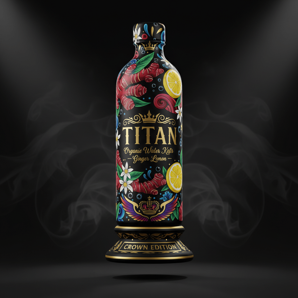 TITAN Organic Water Kefir, Ginger Lemon. Black bottle with gold text, crown logo, and colorful ginger and lemon art.