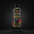 Black bottle of Titan organic watermelon juice with gold crown logo, floral motifs, and bicep icons on black background.
