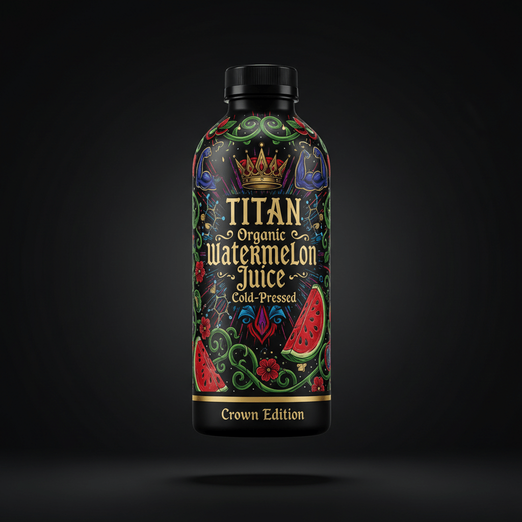 Black bottle of Titan organic watermelon juice with gold crown logo, floral motifs, and bicep icons on black background.