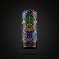 TITAN Organic Wheatgrass Shot bottle featuring ornate crown and wheat art in vibrant colors on a black background.