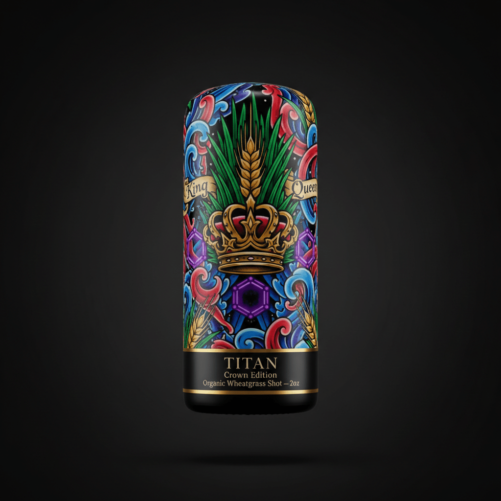 TITAN Organic Wheatgrass Shot bottle featuring ornate crown and wheat art in vibrant colors on a black background.