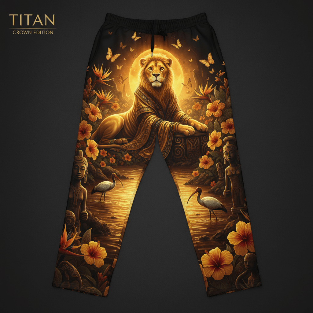 Black lounge pants featuring a majestic lion, golden sun, tropical flowers, ibises, and statues in warm gold tones.