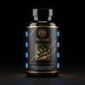 Black bottle with gold text, lion logo, and glowing blue circular accents. Contains green and tan capsules.