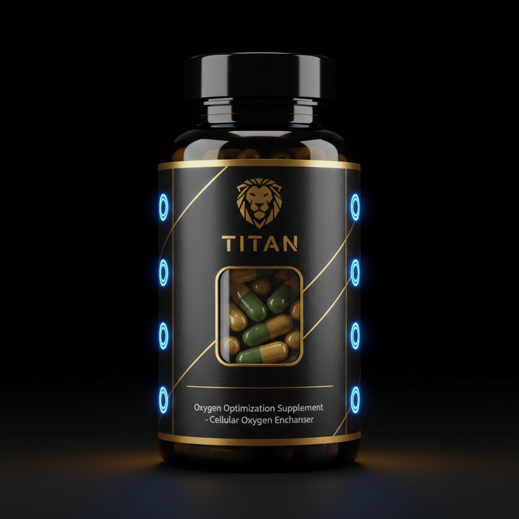 Black bottle with gold text, lion logo, and glowing blue circular accents. Contains green and tan capsules.