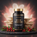Black TITAN Oyster Mushroom supplement bottle with gold text, flanked by mushrooms and red berries on a stone base.