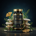 TITAN Oyster Mushroom supplement bottle with gold accents, surrounded by mushrooms, leaves, and a gold heart on dark.