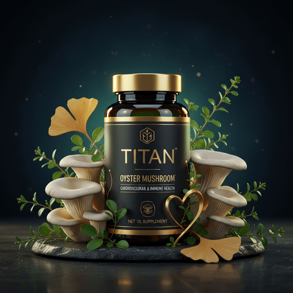 TITAN Oyster Mushroom supplement bottle with gold accents, surrounded by mushrooms, leaves, and a gold heart on dark.