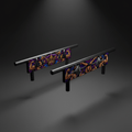 Black low parallette bars featuring colorful side panels with crown, muscle, and barbell graphic illustrations.