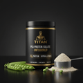 Black canister of TITAN unflavored pea protein with gold logo, text, scoop of beige powder, and green pea pods.