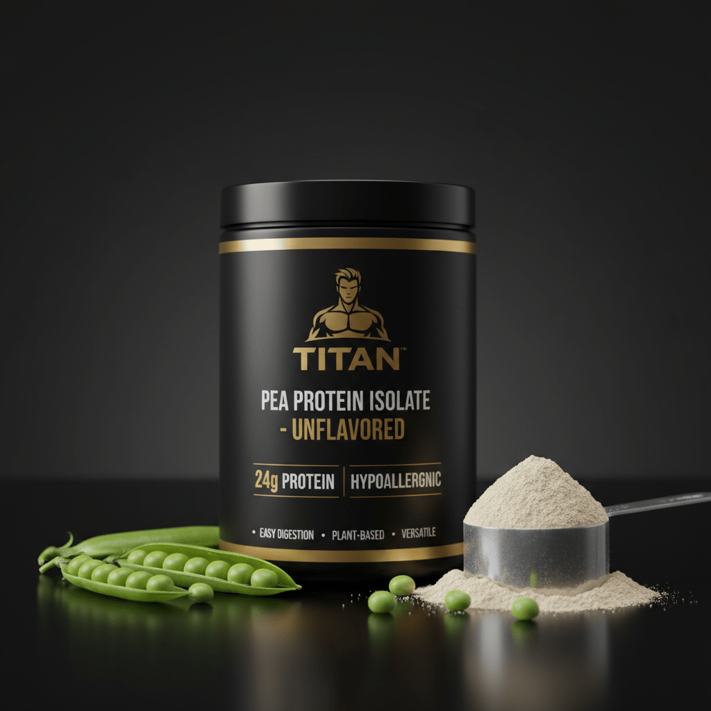 Black canister of TITAN unflavored pea protein with gold logo, text, scoop of beige powder, and green pea pods.