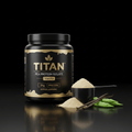 Black jar of TITAN Vanilla Pea Protein Isolate with gold label, protein scoop, vanilla beans, and green pea pods.
