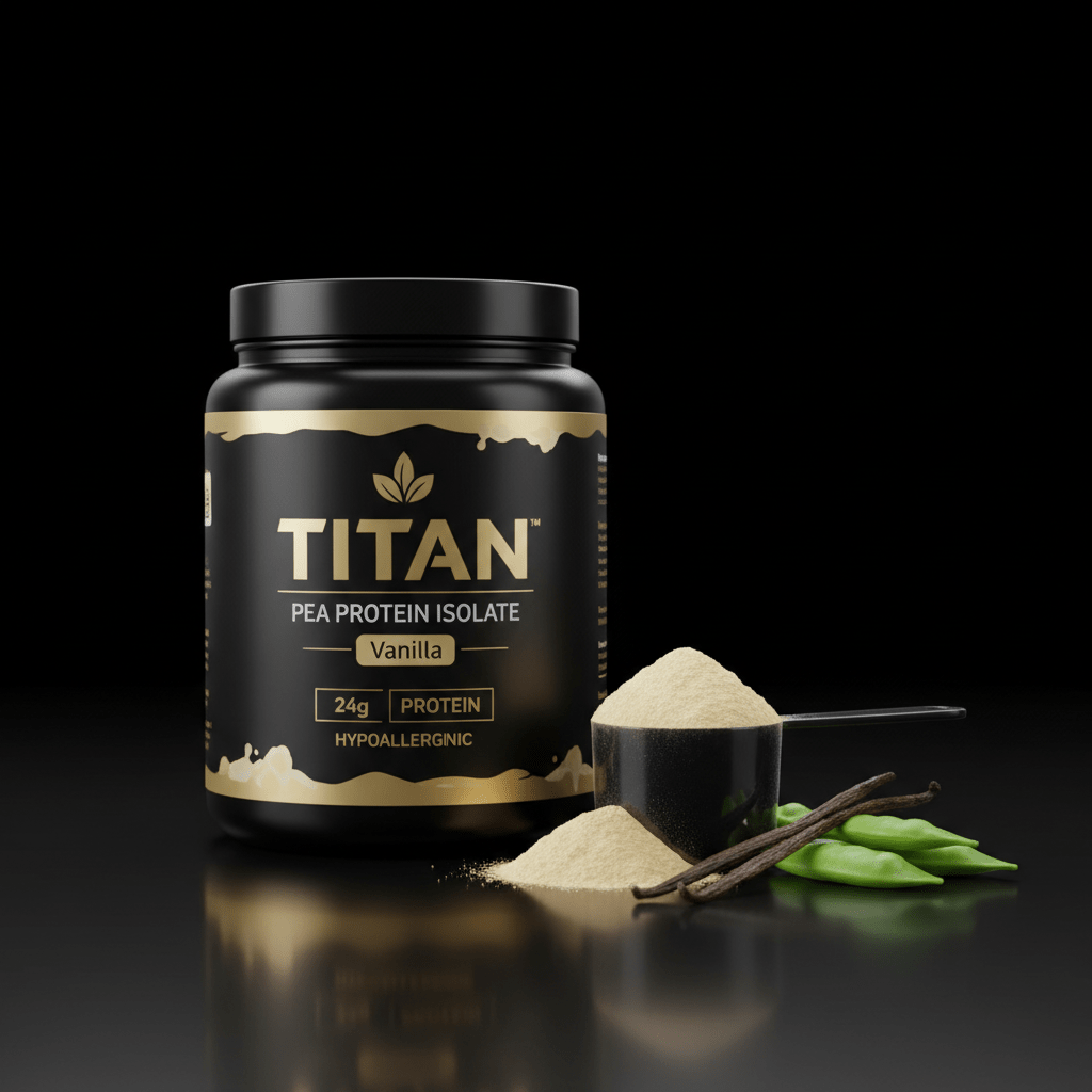 Black jar of TITAN Vanilla Pea Protein Isolate with gold label, protein scoop, vanilla beans, and green pea pods.