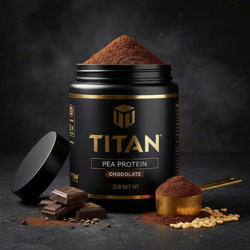 Black TITAN Pea Protein jar with gold logo, chocolate powder, scoop, and chocolate pieces on a dark stone surface.