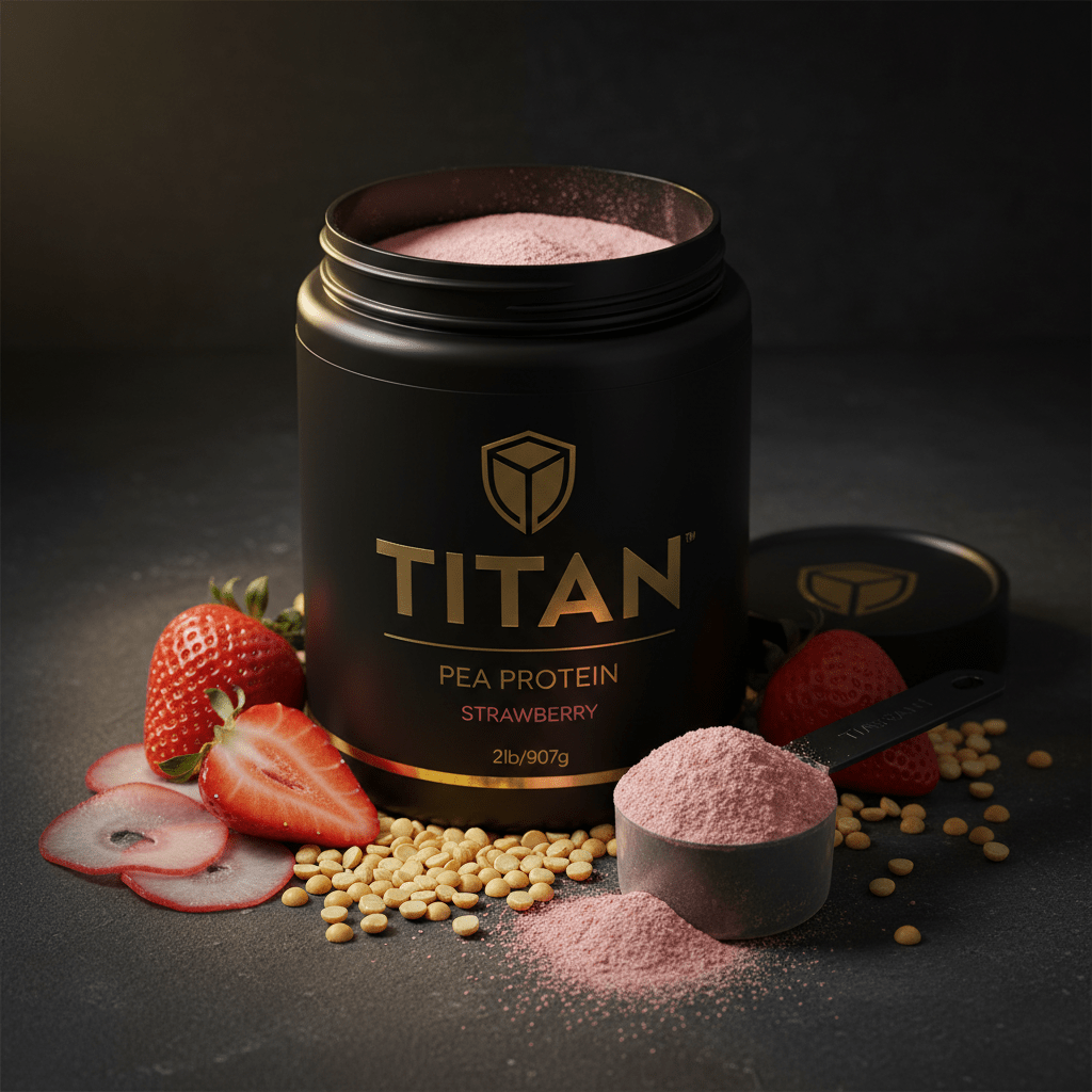 Black container of Titan Strawberry Pea Protein with a measuring scoop of pink powder, fresh strawberries, and peas.