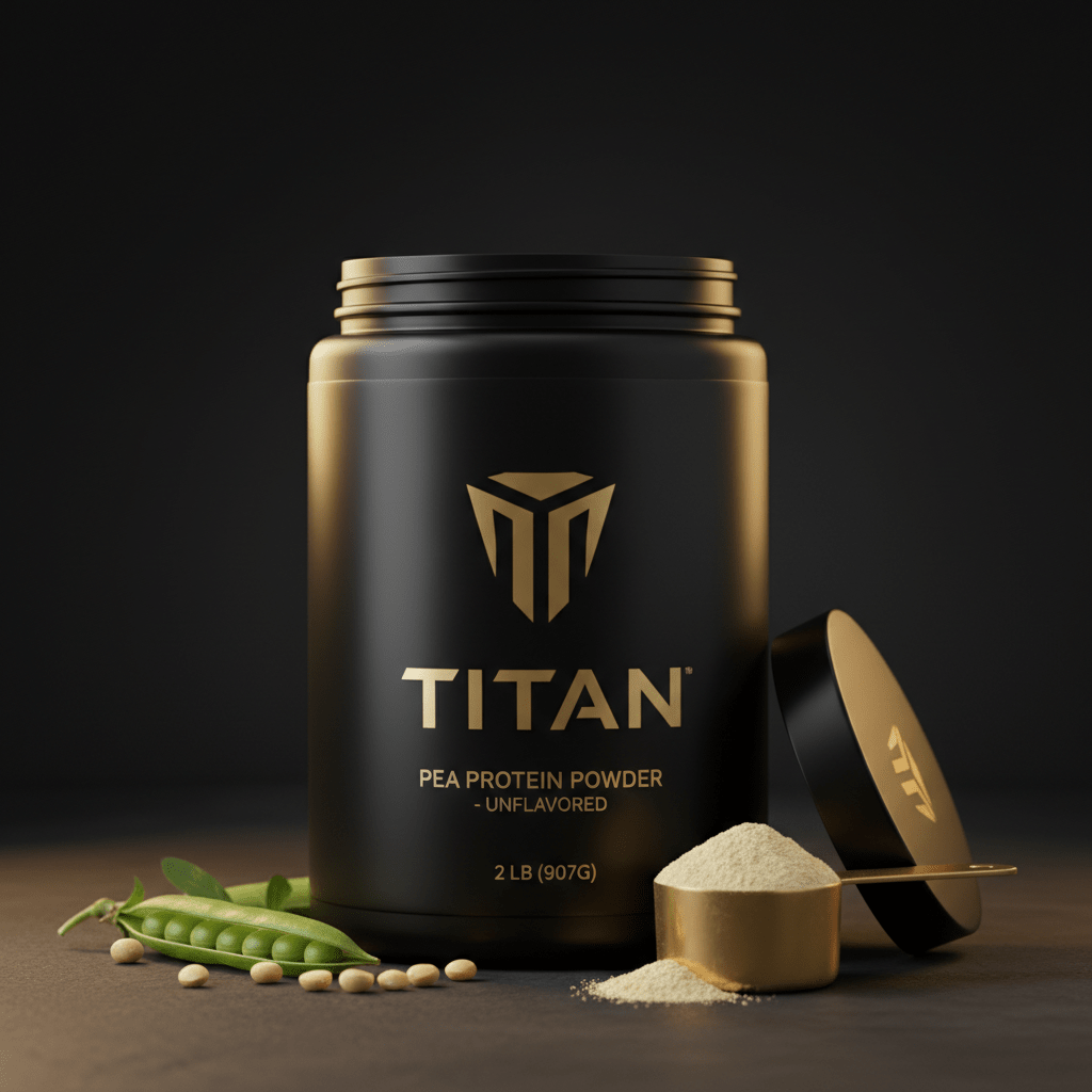 Matte black jar of TITAN Pea Protein Powder with gold logo, open lid, gold scoop, and fresh green pea pods.