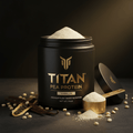 Black tub of TITAN Vanilla Pea Protein with gold logo, scoop of powder, vanilla beans, and peas on dark surface.
