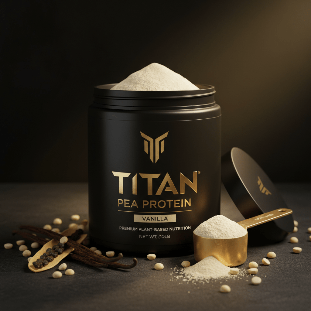 Black tub of TITAN Vanilla Pea Protein with gold logo, scoop of powder, vanilla beans, and peas on dark surface.