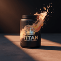 Black jar of TITAN Peach Ring Energy Powder with holographic crown logo and dynamic peach splash on dark surface.