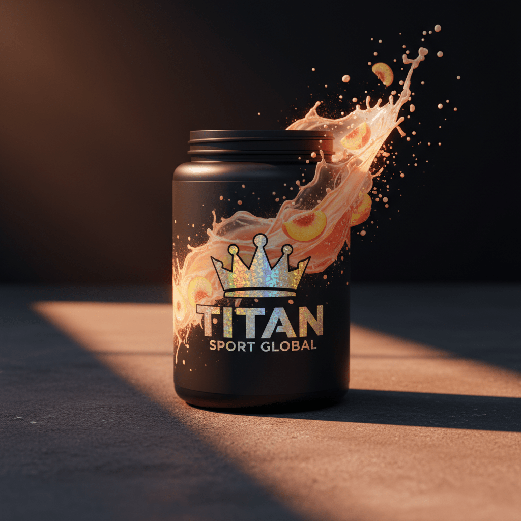Black jar of TITAN Peach Ring Energy Powder with holographic crown logo and dynamic peach splash on dark surface.