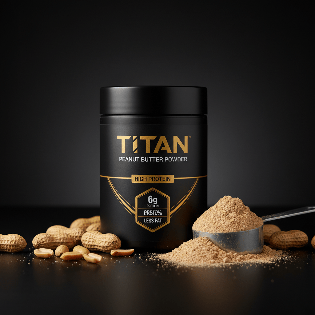 TITAN peanut butter powder in a black jar with gold text, scoop of powder, and peanuts on a black surface.