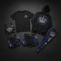 TITAN 5-piece athletic set: black hoodie, tee, sports bra, shorts, leggings with gold crown and blue filigree print.