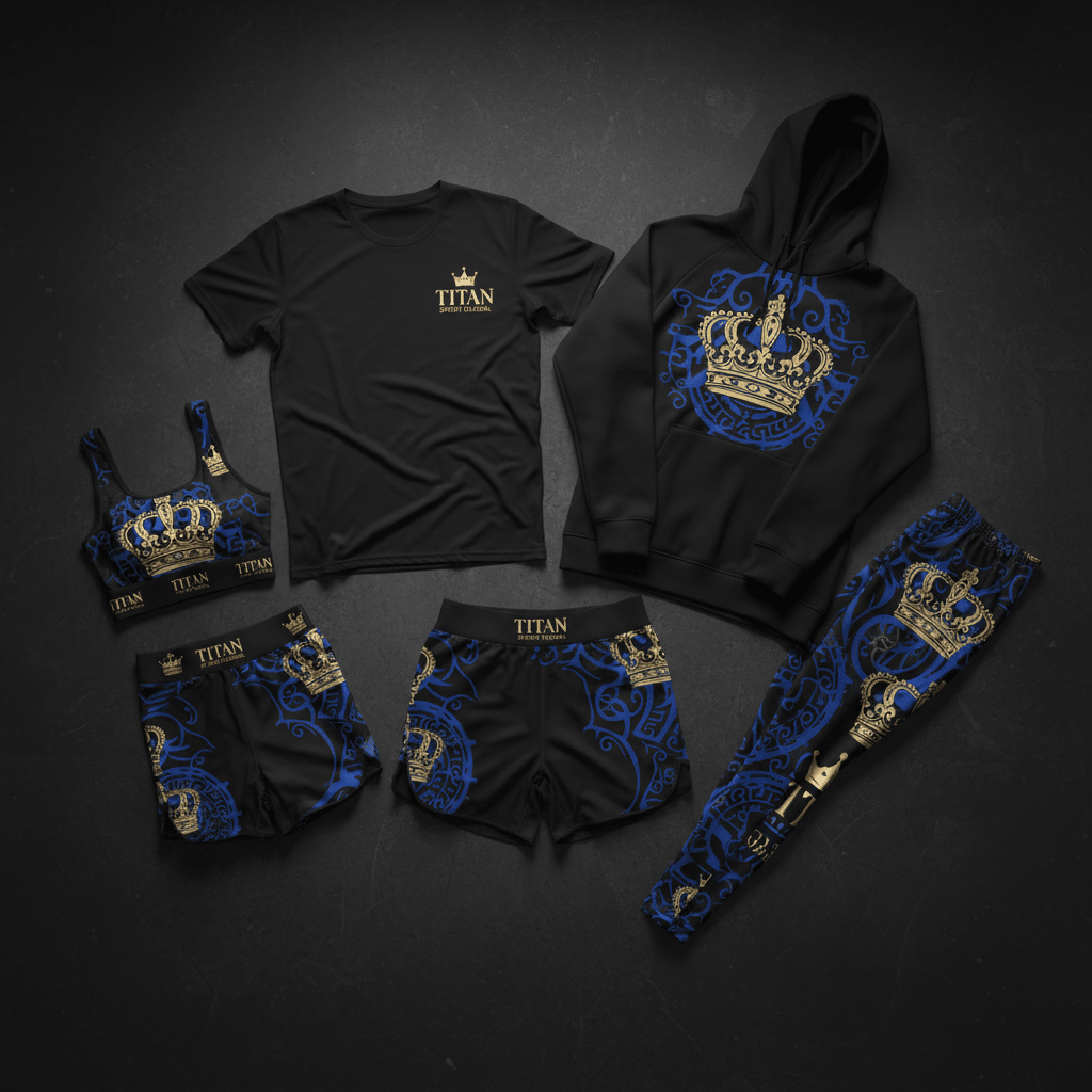TITAN 5-piece athletic set: black hoodie, tee, sports bra, shorts, leggings with gold crown and blue filigree print.