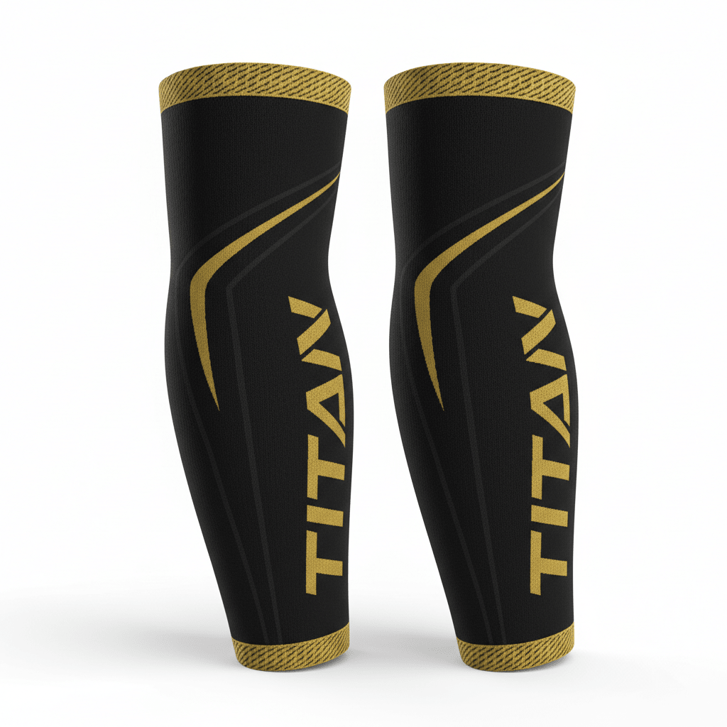 Black TITAN performance compression sleeves with gold trim, logo, and curved accent detailing on a white background.