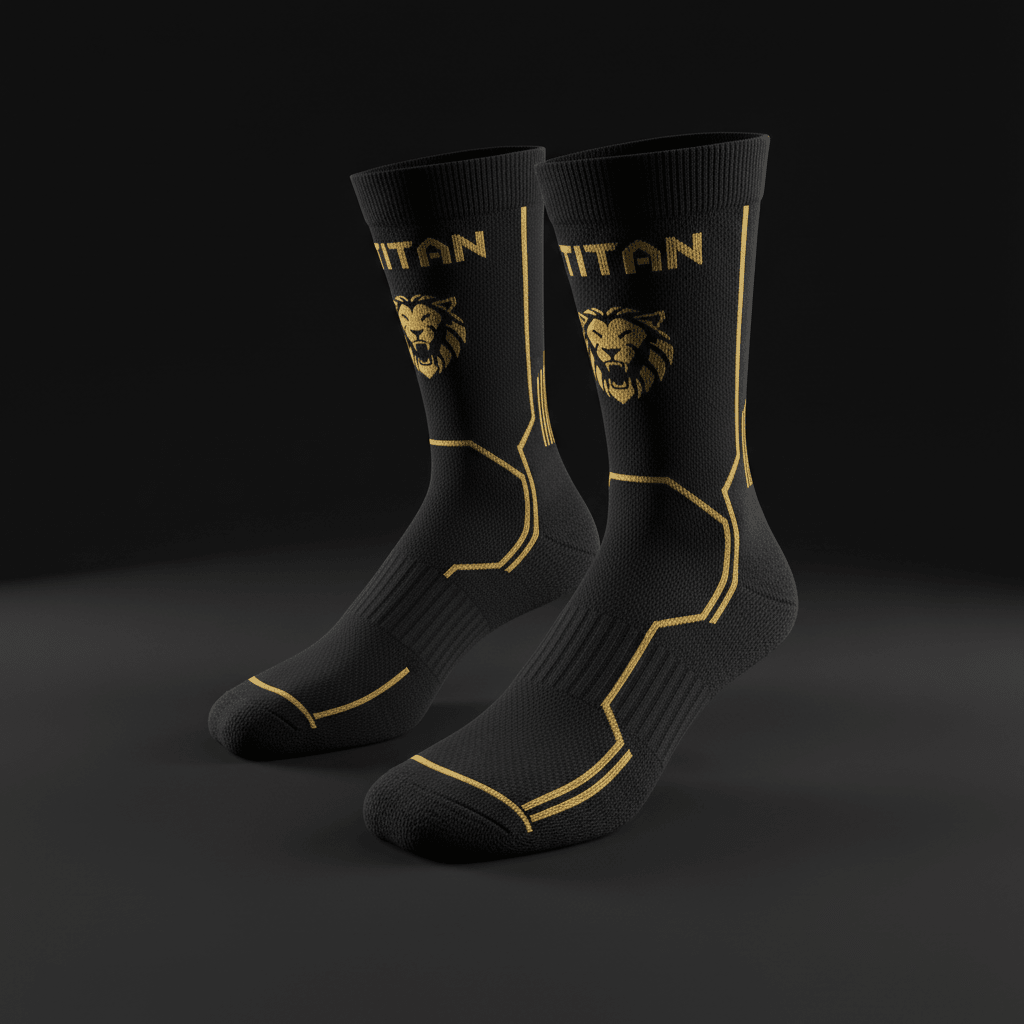 Black TITAN performance compression socks with gold lion logo, branding, and geometric accent lines.