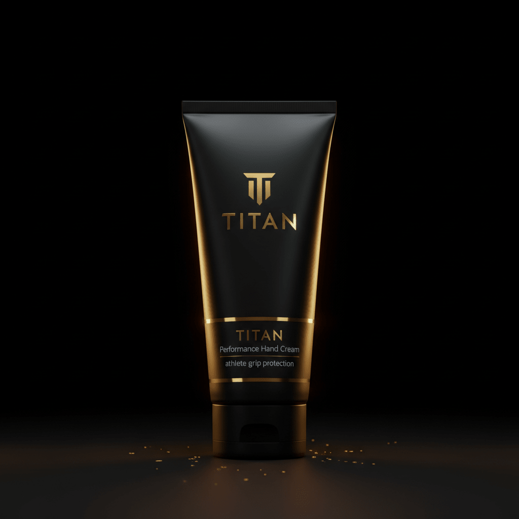 Matte black tube of Titan Performance Hand Cream with gold logo and text, set against a dark background with gold dust.