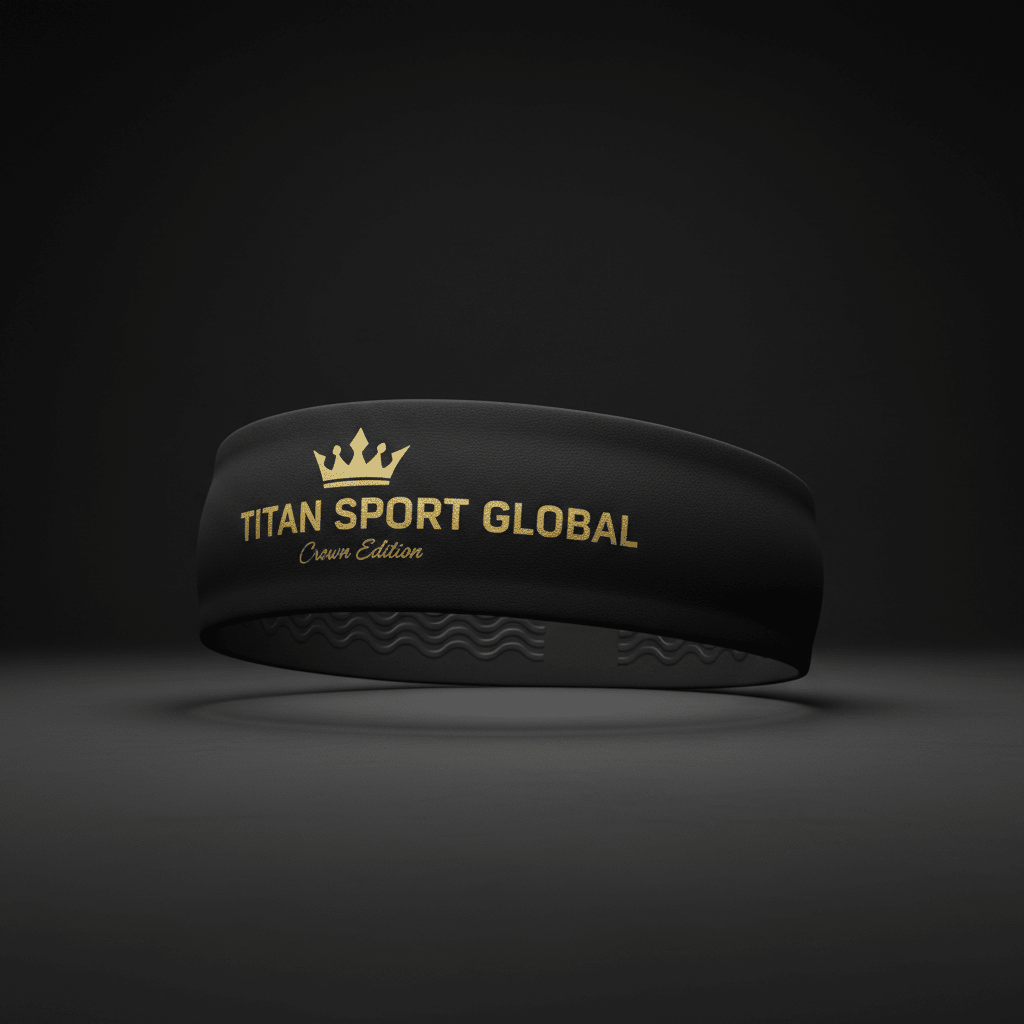 Black Titan Performance Headband with metallic gold logo, crown icon, and "Crown Edition" text against a dark background.