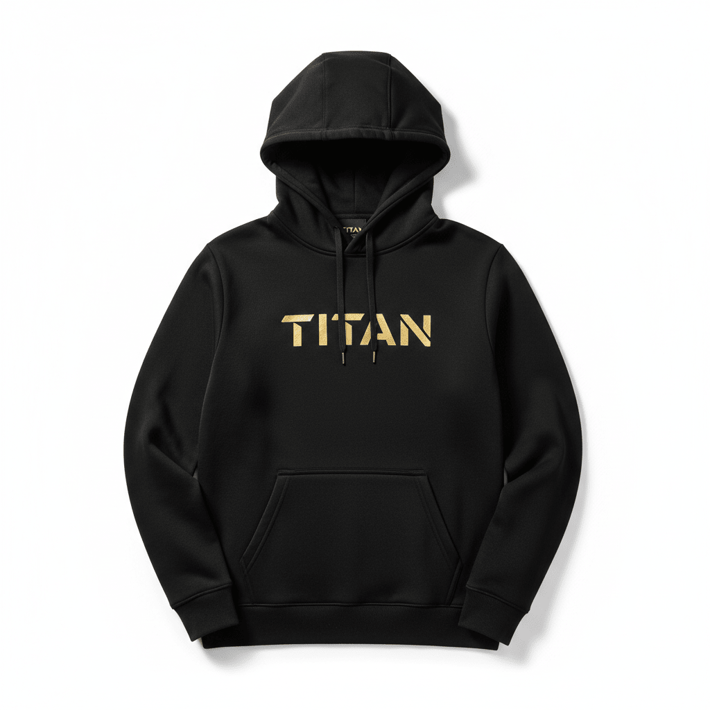 Black oversized hoodie featuring a gold TITAN logo on the chest, a drawstring hood, and a front kangaroo pocket.