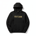 Black oversized hoodie featuring a gold TITAN logo on the chest, a drawstring hood, and a front kangaroo pocket.