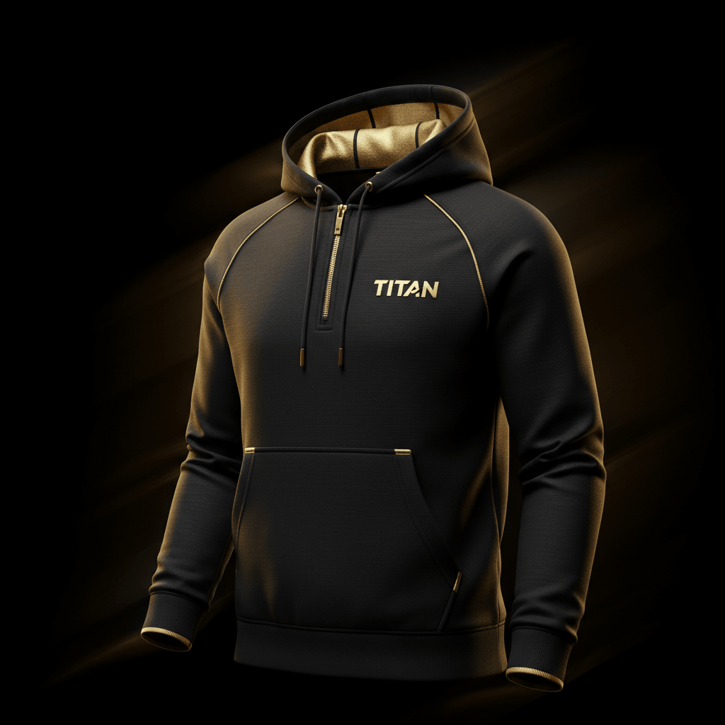 Black TITAN performance hoodie with gold accents, half-zip front, gold-lined hood, and front kangaroo pocket.