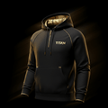 Black TITAN performance hoodie with gold accents, half-zip front, gold-lined hood, and front kangaroo pocket.