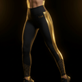 Black high-waisted TITAN performance leggings featuring metallic gold side stripes and geometric gold ankle patterns.