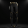 Black TITAN performance leggings with gold trim, geometric waistband, and a small gold lightning bolt logo.