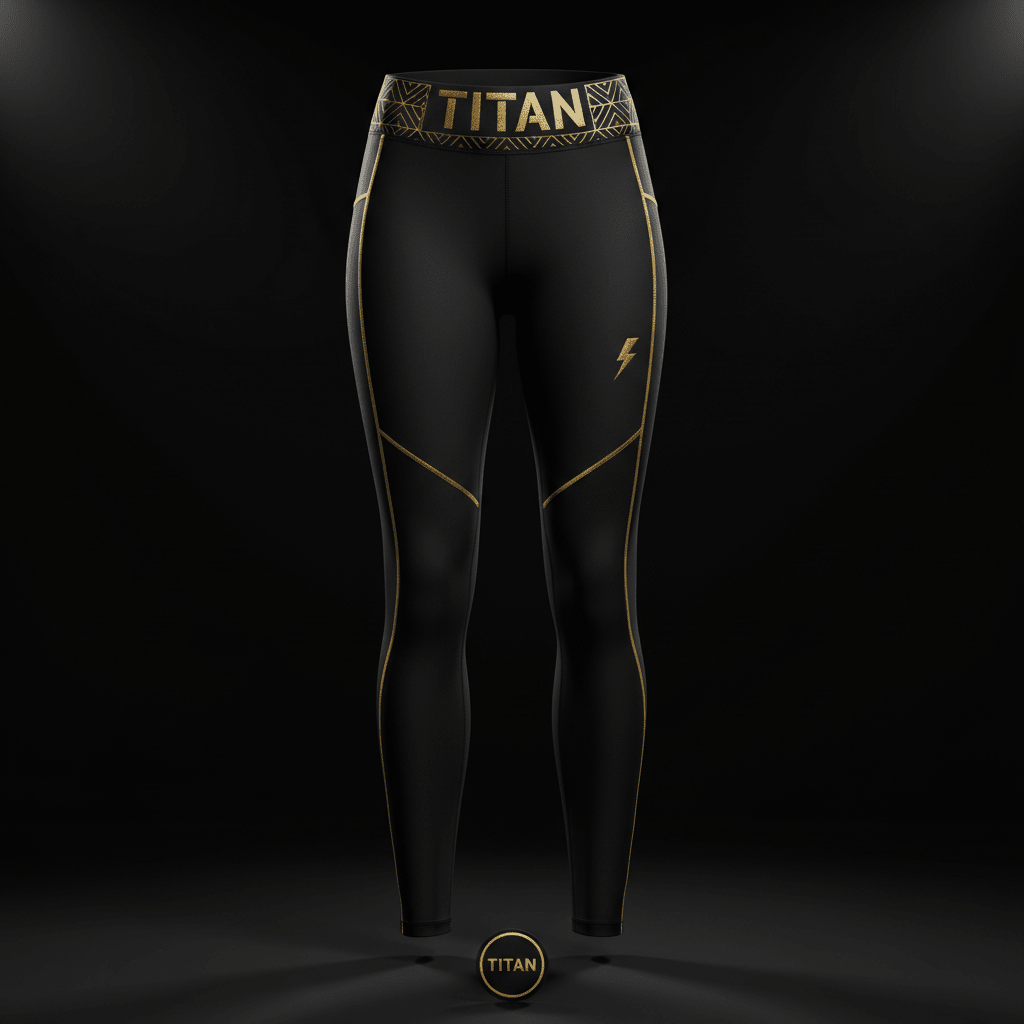 Black TITAN performance leggings with gold trim, geometric waistband, and a small gold lightning bolt logo.
