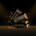 Stack of black Titan protein bars with gold branding, surrounded by flying cocoa beans and nuts on a dark background.
