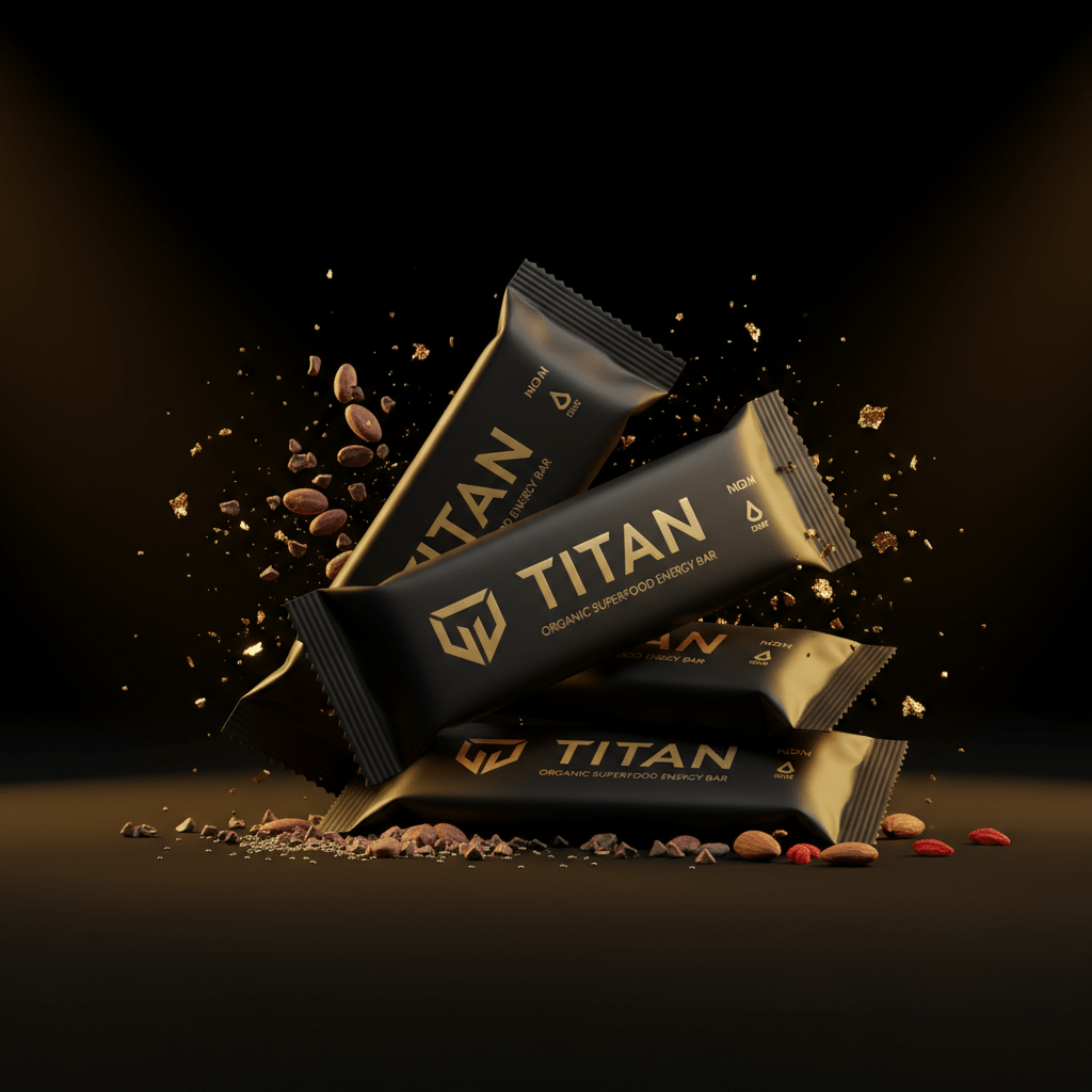 Stack of black Titan protein bars with gold branding, surrounded by flying cocoa beans and nuts on a dark background.
