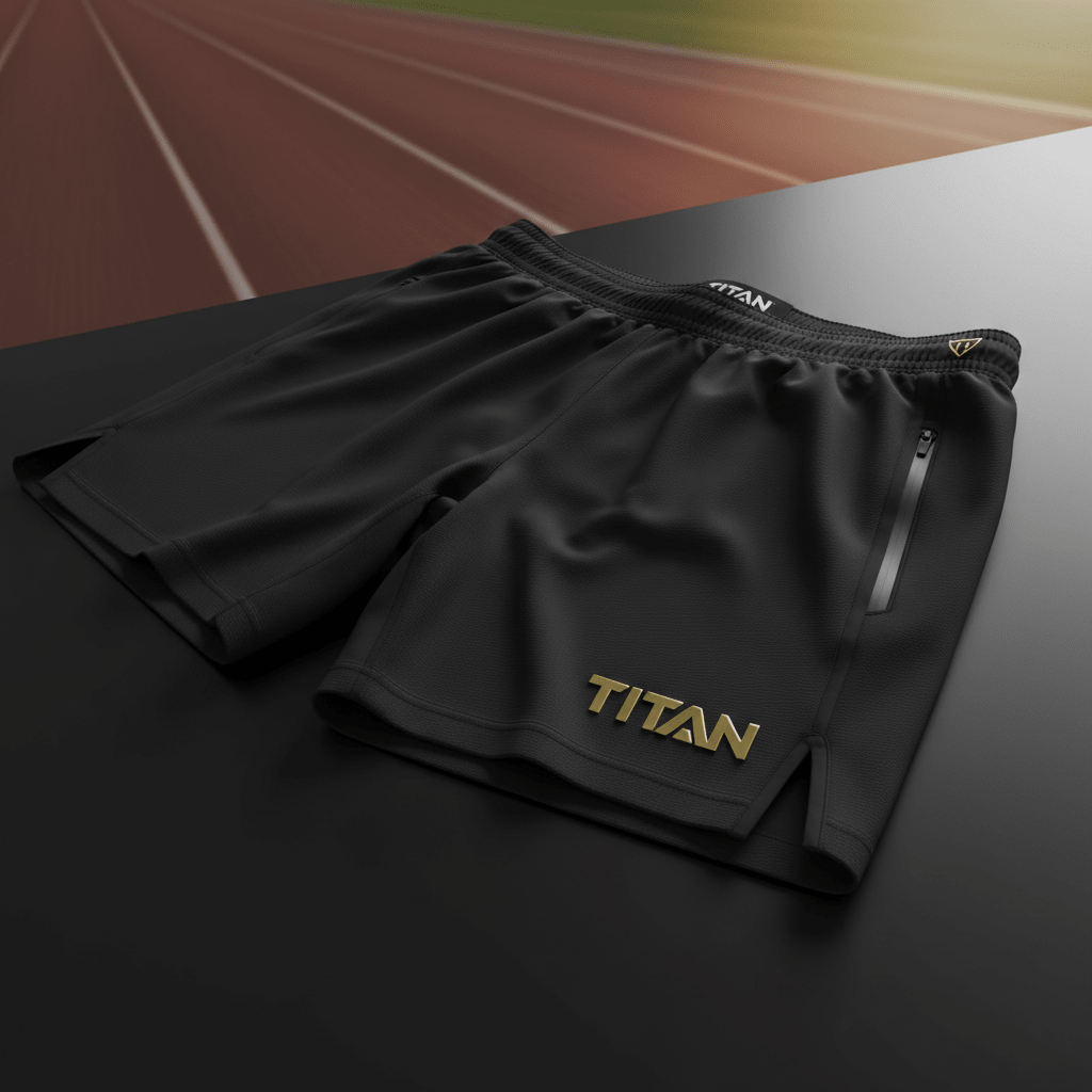 Black Titan performance running shorts with a gold logo, zippered pocket, and side slits on a dark surface.