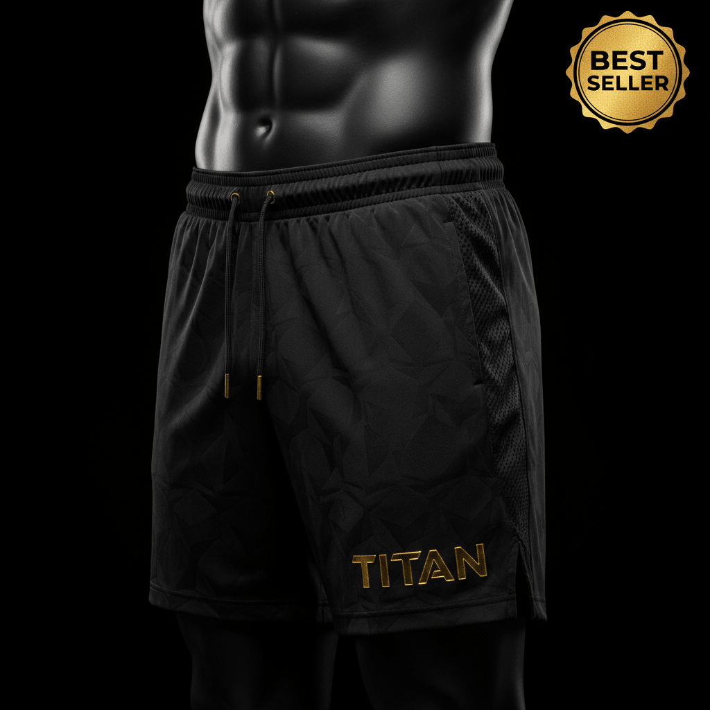 Black TITAN performance shorts with geometric texture, gold drawstring tips, side mesh panels, and gold logo.