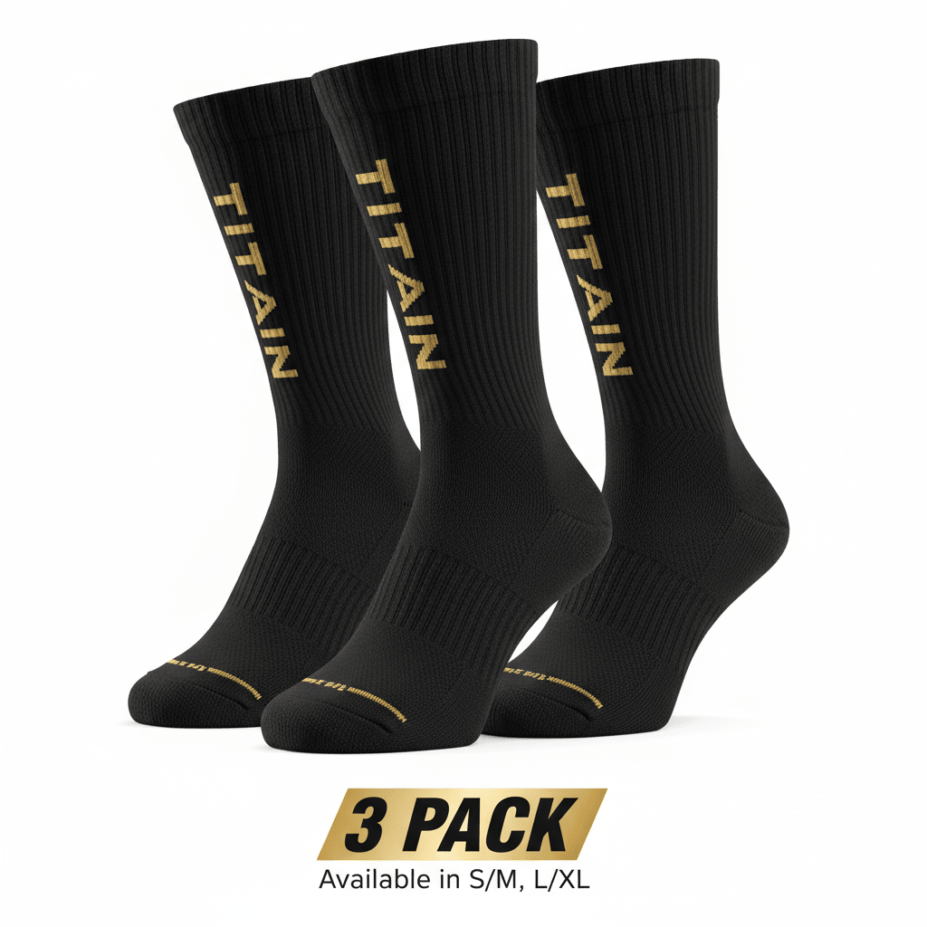 Three-pack of black crew-length compression socks with gold TITAN branding and toe details on a white background.