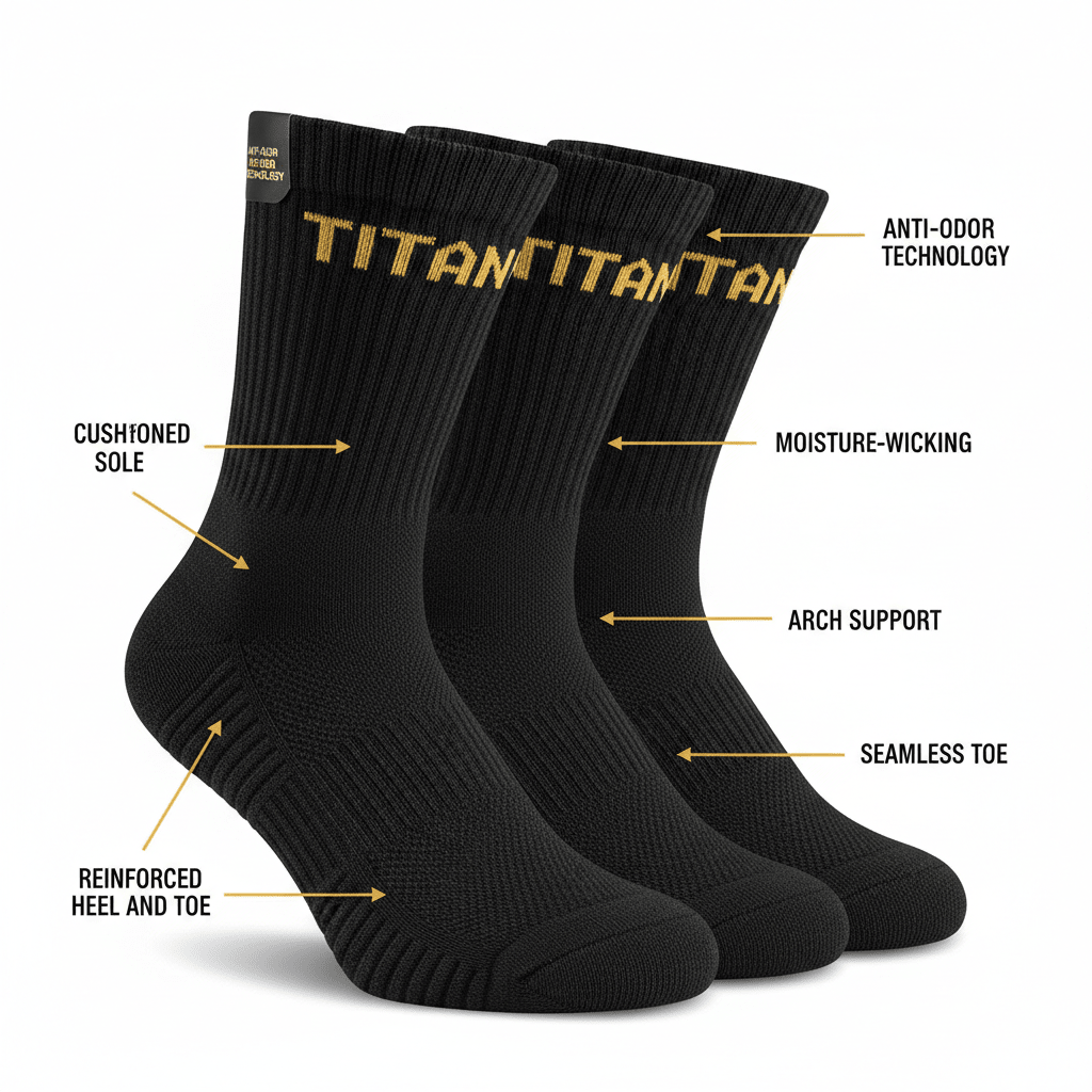 Three black TITAN performance crew socks with gold logo, labeled with features like cushioned sole and arch support.