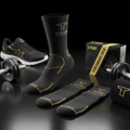 TITAN 3-pack crew performance socks in black with gold branding and athletic detailing, displayed with gym gear.