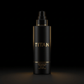 Matte black pump bottle with gold "TITAN" logo, accent ring, and "Performance Sunscreen SPF 50" text on dark background.