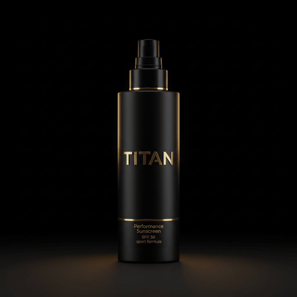 Matte black pump bottle with gold "TITAN" logo, accent ring, and "Performance Sunscreen SPF 50" text on dark background.