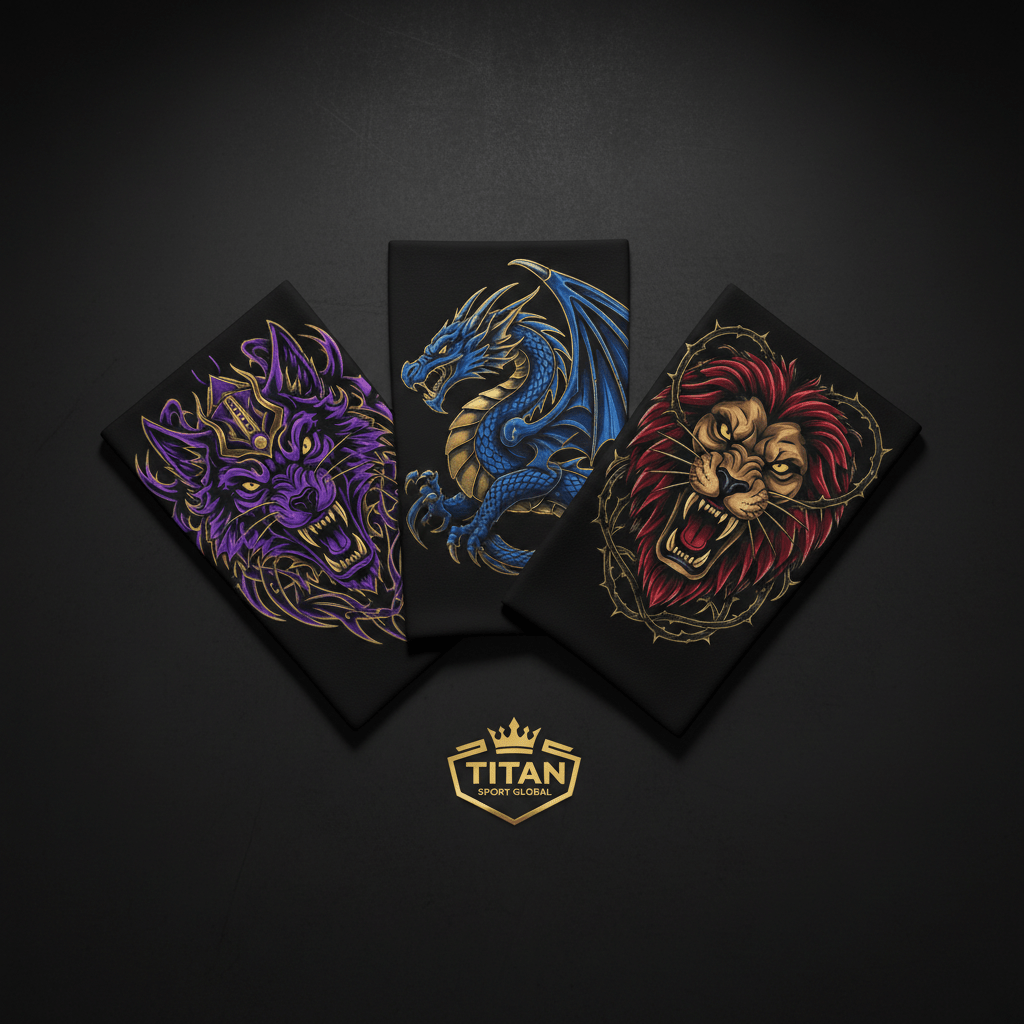 Three black TITAN performance headbands featuring detailed wolf, dragon, and lion graphic prints in purple, blue, red.